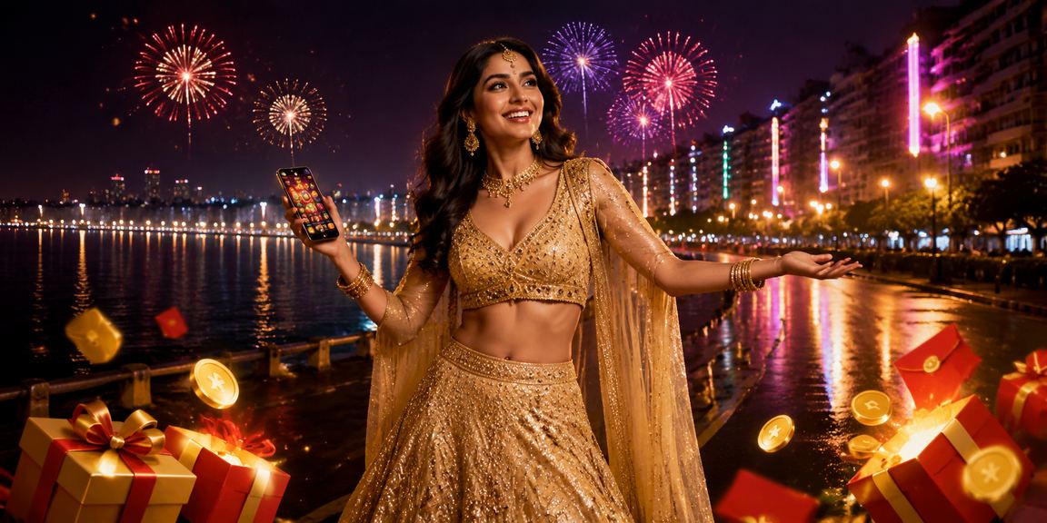 Indian lady receiving festival bonus on mobile Teen Patti game